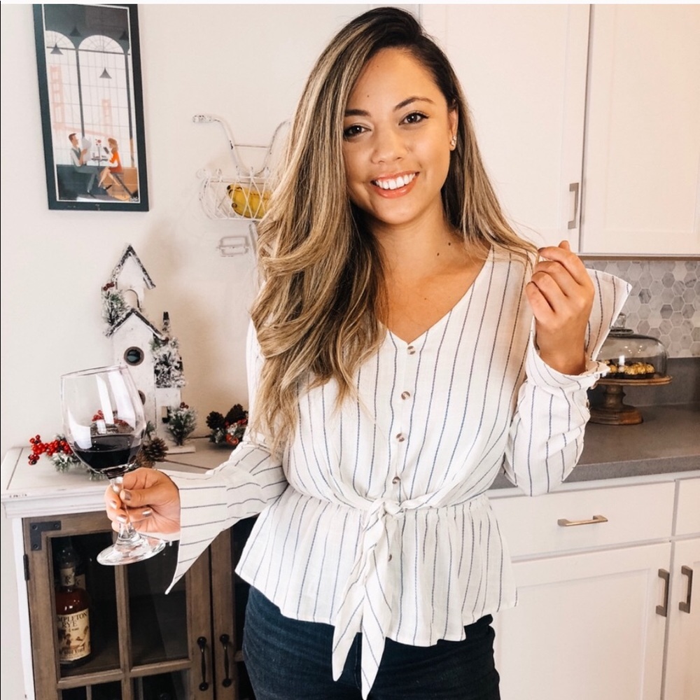 Beige Striped Slit Sleeve Blouse - Picture 1 of 4